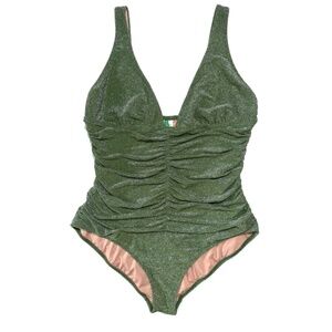 J. Crew Green Sparkle Ruched Plunge One-Piece Swimsuit Size 18